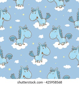 Seamless pattern with cute cartoon horses and clouds in sky on  blue background. Funny animals. Vector image. Children's illustration.