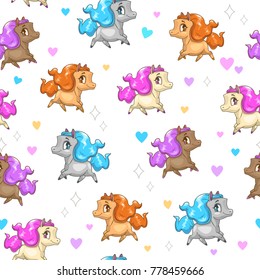 Seamless pattern with cute cartoon horses. and hearts on white background. Funny vector girlish texture.