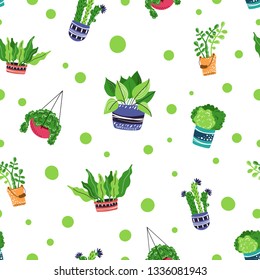 Seamless pattern with cute cartoon house plants in pots, with dots, endless texture on white background, home garden or greenhouse, vector illustration in flat style