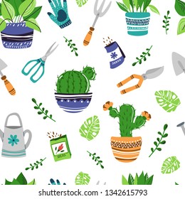Seamless pattern with cute cartoon house plants or flowers in pots, endless texture on white background, home garden or greenhouse, vector illustration in flat style