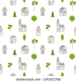 Seamless pattern cute cartoon houses  and green tree.Vector illustration.Trendy design concept for fashion textile print,wrapping on white background.Artline, Doodle,Hand Drawing, Graphics 