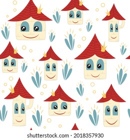 Seamless pattern with cute cartoon houses and crowns on a white background. Vector illustration