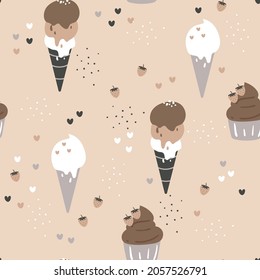 Seamless pattern with cute cartoon ice cream and dessert for fabric print, textile, gift wrapping paper. colorful vector for textile, flat style