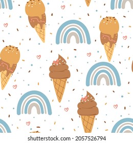 Seamless pattern with cute cartoon ice cream and dessert for fabric print, textile, gift wrapping paper. colorful vector for textile, flat style