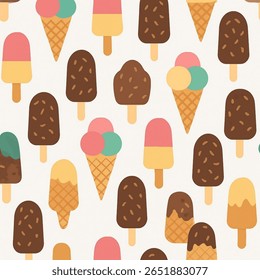 um padrão perfeito de sorvetes bonitos de desenho animado - cones, picolés e barras de chocolate - espalhados em um fundo branco com cores pastel. As guloseimas incluem picolés rosa-amarelo.