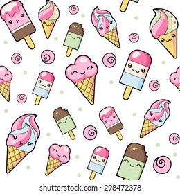 Seamless pattern with cute cartoon ice-creams on white background in japan kawaii style