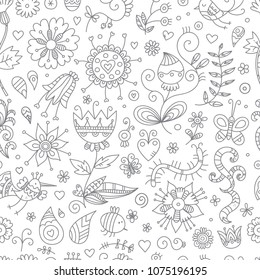 Seamless pattern with cute cartoon insects and birds on white  background. Flowers and plants of summer time. Vector contour doodle style image. 