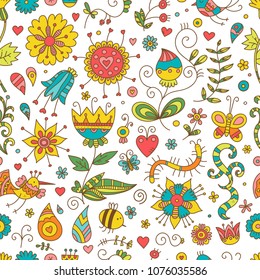 Seamless pattern with cute cartoon insects and birds on white  background. Colorful flowers and plants of summer time. Vector contour doodle style image. 
