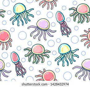 Seamless pattern and cute cartoon jellyfish. Vector illustration.

