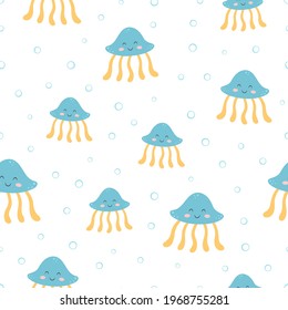seamless pattern with cute cartoon jellyfish isolated on white background, vector illustration, sea animals in flat style