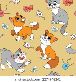 Seamless pattern with cute cartoon jolly cats, balls and toy mouses. Vector illustration on yellow background. For party, print, baby shower, wallpaper, design, decor, dishes, bed linen, apparel