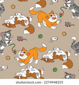 Seamless pattern with cute cartoon jolly cats, balls and toy mouses. Vector illustration on brown background. For party, print, baby shower, wallpaper, design, decor, dishes, bed linen, apparel