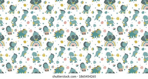 Seamless pattern with cute cartoon joyful kawaii dinosaurs and monstera leaves on a white background. For nursery decor, textile, printing on fabrics, packaging, wallpaper, digital paper. Vector.