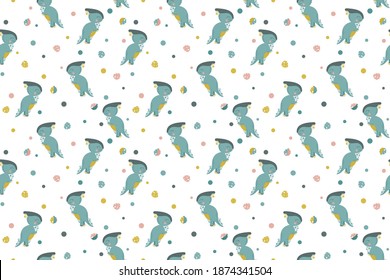 Seamless pattern of cute cartoon joyful parasaurolophus standing on their hind legs in profile, monstera leaves and circles. Repeating herbivorous dinosaurs on a white background. Vector.