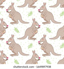 Seamless pattern with cute cartoon kangaroo with a baby and small flower, vector illustration