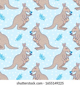 Seamless pattern with cute cartoon kangaroo with a baby and small flower, vector illustration