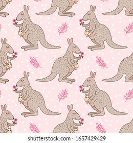 Seamless pattern with cute cartoon kangaroo with a baby and small flower, vector illustration