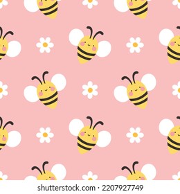 seamless pattern with cute cartoon kawaii bees, Hand drawn floral vector illustration background