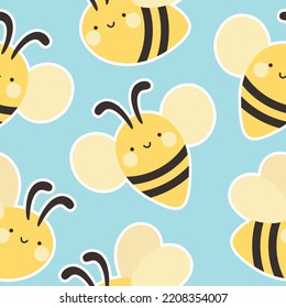 seamless pattern with cute cartoon kawaii bees, Hand drawn floral vector illustration background