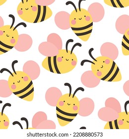 seamless pattern with cute cartoon kawaii bees, Hand drawn floral vector illustration background