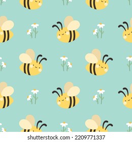 seamless pattern with cute cartoon kawaii bees, Hand drawn floral vector illustration background