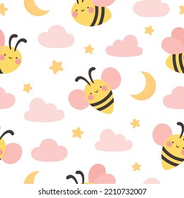 seamless pattern with cute cartoon kawaii bees, Hand drawn floral vector illustration background