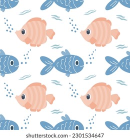 Seamless pattern with cute cartoon kawaii fish on a white background. Children's print, textile, vector
