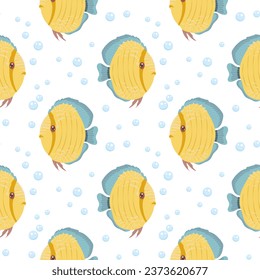 Seamless pattern, cute cartoon kawaii zebrafish and bubbles in the water. Background, children's print, vector