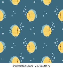 Seamless pattern, cute cartoon kawaii zebrafish and bubbles in the water. Background, children's print, vector