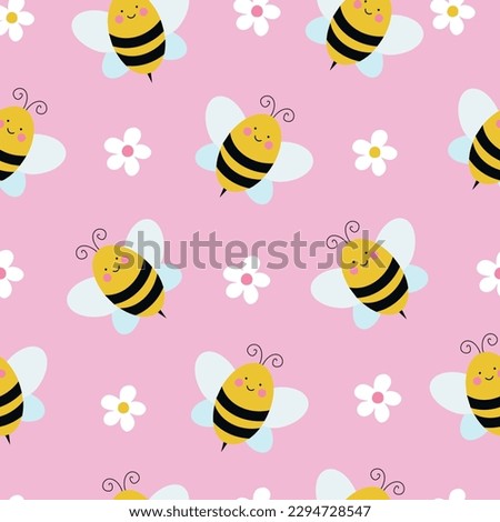 Seamless pattern with cute cartoon kawaii bees, hand drawn floral vector illustration background