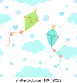Seamless pattern with cute cartoon kites on cloudy sky. Kids design. Texture on white and transparent background.
