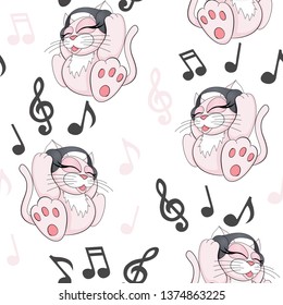 Seamless pattern with cute cartoon kitten with headphones on white background. Melody and notes musical theme. Vector image. Childrens illustration.