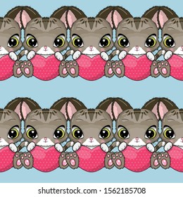 Seamless Pattern Cute Cartoon kitten with heart