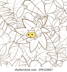 Seamless pattern with cute cartoon kitten and leaves on a white background.