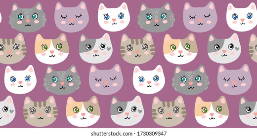 Seamless pattern with cute cartoon kitties vector illustration