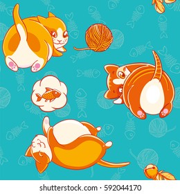 Seamless pattern with cute cartoon kittiess playing with skein of yarn and rattle. Fabric design, Wallpaper, kids decor.