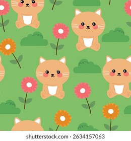 Padrão sem costura gatinho bonito desenho animado e flores primavera. desenho animal bonito para papel de parede primavera e fundo
