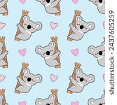 Seamless Pattern with Cute Cartoon Koala Bear and Heart Design on Light Blue Background