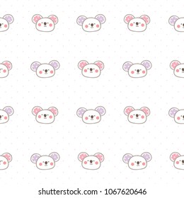 Seamless Pattern of Cute Cartoon Koala Face Design on White Background with Pink Dots