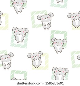 Seamless Pattern of Cute Cartoon Koala Bear and Pastel Square Design on White Background