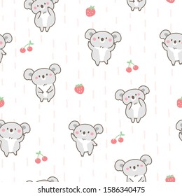 Seamless Pattern of Cute Cartoon Koala Bear, Strawberry and Cherry Design on White Background with Pink Dash Lines