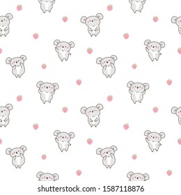 Seamless Pattern of Cute Cartoon Koala Bear and Strawberry Design on White Background