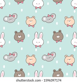 Seamless Pattern of Cute Cartoon Koala, Bear and Rabbit Face Design on Green Background