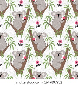Seamless pattern with cute cartoon koala with heart on eucalyptus tree on white background vector illustration