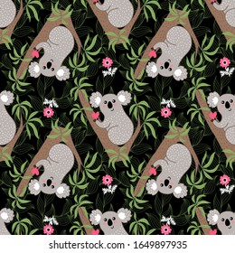 Seamless pattern with cute cartoon koala with heart on eucalyptus tree on black background vector illustration