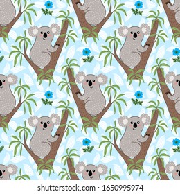 Seamless pattern with cute cartoon koala on eucalyptus tree on blue background vector illustration