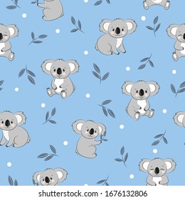 Seamless pattern with cute cartoon koala bears on blue. Vector background	