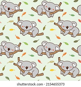 Seamless Pattern of Cute Cartoon Koala Bear and Leaf Design on Light Green Background