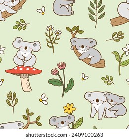 Nahtloses Muster mit scharfem Cartoon-Koala-Bärenzeichen, Blume und Leaf-Design auf hellgrünem Hintergrund