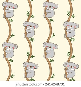 Seamless Pattern with Cute Cartoon Koala Bear and Branch Design on Light Yellow Background